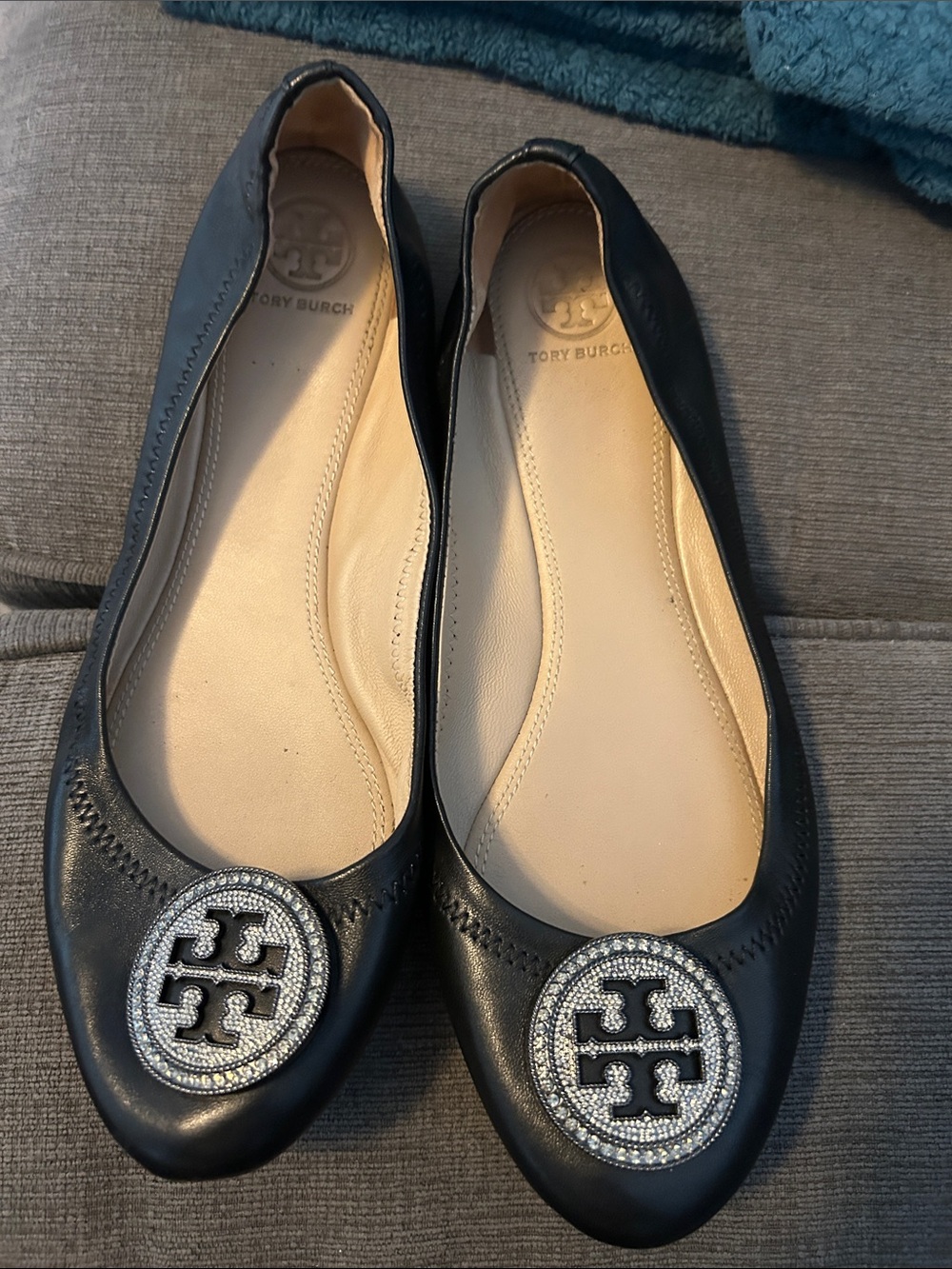 Tory Burch Black Leather Flats with Crystal Logo Medallion